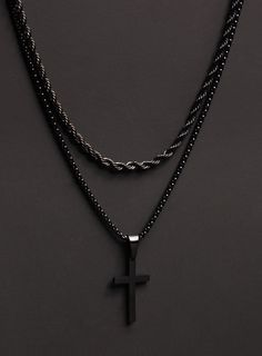 Necklace set for men - Stainless steel black rope chain AND black cross - Buy 2 and save, gifts for men, father, husband, son. Black jewelry. By popular demand we now offer the two most sold items that customers buy together and at a discount ($10 off buying them together). This set includes: -Black Cross pendant on Round Box Chain ($40) -Black Rope chain necklace. ($34) BUY BOTH FOR $64 ($10 savings) Material: Coated Stainless Steel Clasp: Lobster Clasp Available Lengths for the sets: Rope 18 i Guy Jewelry, Mens Accessories Necklace, Edgy Jewelry, Black Rope, Mens Accessories Jewelry, Black Jewelry, Black Necklace, Men's Necklace, Mens Accessories Fashion