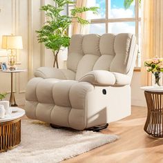 a living room scene with focus on the recliner and coffee table in the foreground