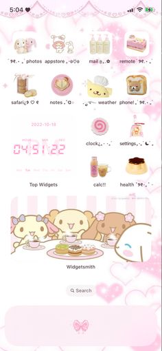 a pink wallpaper with many different items in the background, including cakes and donuts