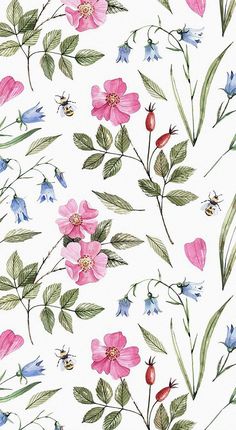 a white background with pink and blue flowers, green leaves and a bee on it