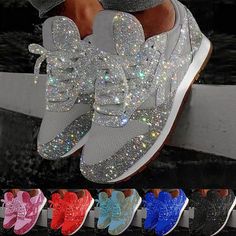 Women's Trainers Athletic Shoes Sneakers Sequins Bling Bling Sneakers Silver Flat Heel Round Toe Sporty Casual Daily Outdoor Tennis Shoes Walking Shoes Mesh Sequin Solid Colored Color Block Black Red Casual Tennis Shoes, Mode Rose, Casual Slip On Shoes, Sparkle Shoes, Woven Shoes, Bling Shoes, Glitter Sneakers, Glitter Shoes, Silver Shoes