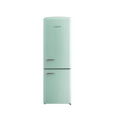 a mint green refrigerator freezer sitting on top of a white wall with the door open