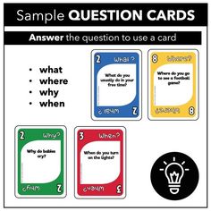 a question card with four different colors and numbers