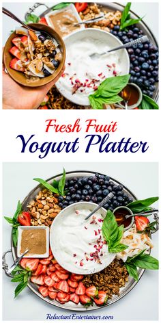 fresh fruit yogurt platter with berries and nuts