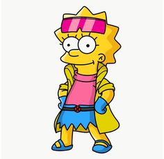 the simpsons character is wearing sunglasses and a pink shirt, blue shorts, and yellow coat