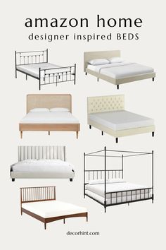 different types of bed frames and mattresses with text overlay that reads amazon home designer inspired beds