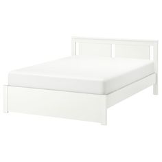 a white bed frame with no headboard and foot board on the bottom side, in front of a white background