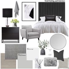 a bedroom with gray and white decor in the color scheme, including a bed, chair,