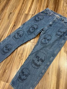 The jeans are in excellent shape and are hand drawn on. Please look over all the pics for measurements and condition and let me know if you have any questions!  We ship one or two days after receiving payment for purchases. Returns are not accepted. Thanks for dropping by. We're glad you found us! Drawn On Jeans, 90s 00s, Human Skull, Straight Leg Denim, Mens Trousers, Denim Jeans, Straight Leg, Favorite Outfit, How To Draw Hands