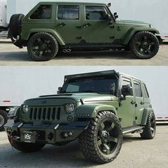 two pictures of a green jeep with black rims and tires, one showing the front end