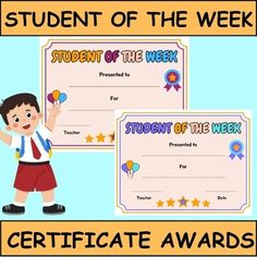 the student of the week certificate is shown with an image of a boy holding balloons