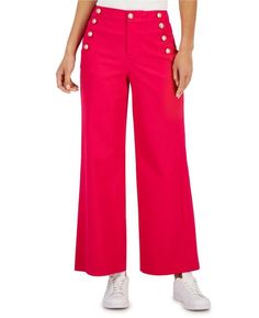 Women's Charter Club Wide-leg Sailor Pants, Created For Macy's - Red - Wide-leg pants Charter Club gives these pants sailor-style vibes with button trim and a roomy wide leg. Approx. Model height is 5'10" and she is wearing size 4. Approx. Inseam: 28". Front rise approx. 10-1/4"; wide leg. Due to generous sizing, we suggest sizing down for the perfect fit. Zipper and button closure at front; belt loops. Button trim at front sides. Pockets at back. Created for Macy's. Cotton/rayon/spandex. Machin Strawberry Pink Color, Red Wide Leg Pants, Strawberry Pink, Petite Pants, Womens Capris, Crop Pants, Pants Design