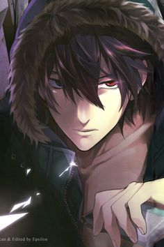 an anime character with black hair and red eyes wearing a fur lined hoodie looking at the camera