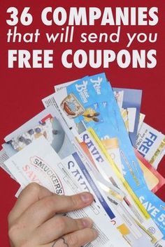 someone is holding up some coupons in front of their face and the caption reads, 36 companies that will send you free coupons