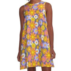 Loose-fit, mid-length sleeveless dress with silky handfeel. Printed on both sides. Machine washable. Size range XS-2XL. 70s Flower Power Purple Orange and Yellow Daisy. This design was inspired by vintage fabrics from the 1970s. Retro A-line Summer Dress, Retro A-line Sleeveless Dress, Sleeveless Mini Dress With Daisy Print, Multicolor A-line Sleeveless Dress With Floral Print, Printed A-line Sleeveless Dress For Spring, Yellow Spring Dress With Retro Print, Yellow Dress With Retro Print For Spring, Retro Print A-line Mini Dress, Retro Floral Print Knee-length Mini Dress