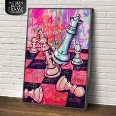 a painting of a chess board with graffiti on it and the pieces in the background