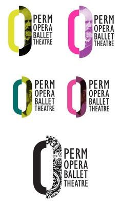 four different logos for the perm opera theatre, including one with a man's face