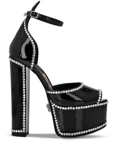 Find PHILIPP PLEIN Crystal-embellished Heeled Platform Sandals on Editorialist. black calf leather patent finish open toe crystal embellishment buckle-fastening ankle strap high block heel platform sole branded leather insole Rhinestone Boots, Platform Sandals Black, Cute Shoes Heels, Black Platform Heels, Platform Block Heels, Leather Platform Sandals, Demi Fine Jewelry, Philipp Plein, Pretty Shoes