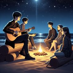 four people sitting around a campfire at the beach playing guitar and singing to each other