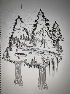 a drawing of a lake surrounded by trees