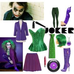 the joker costume is green and purple, with accessories including boots, gloves, wigs, and makeup