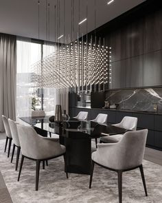 an elegant dining room with black walls and white chairs, chandelier hanging from the ceiling