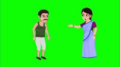 an animated man and woman standing next to each other in front of a green screen