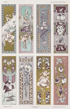 four different colored bookmarks with flowers and birds on them, all lined up in rows