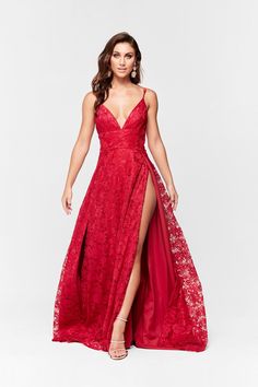 A&N Sofia - Deep Red Lace V Neck Formal Gown with Two Slits Velvet Accessories, Red Lace Prom Dress, Full Length Skirt, Dream Gown, Full Length Skirts, Lace Prom Dress, Boho Bridal, Formal Gown, Glitz And Glam