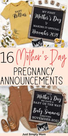 the mother's day announcement with baby clothes and shoes