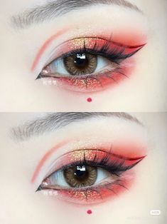 Red Eyeshadow Douyin, Red Douyin Makeup, Kitsune Makeup, Sunset Makeup Looks, Anime Makeup Ideas, Sunset Makeup, Eyeshadow Colors