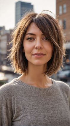 The Classic Shaggy Bob remains a favorite for its timeless appeal and easy maintenance. Characterized by its medium length and layered texture, this style suits a wide range of face shapes and hair types, particularly those with fine hair. It’s ideal for women who desire a look that’s both sophisticated and a bit playful. Layered Short Haircuts For Fine Hair, Short Layered Haircuts Dark Hair, Medium Bob With Long Bangs, Hair Cuts For 2024 For Women, Medium Length Hair With Side Part, Shaggy Bob Fine Hair, Hair Cuts For Thinning Hair 2023, Piecey Bob Haircut, Shaggy Bob Straight Hair