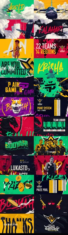 a series of posters with different colors and designs on them, all showing the names of various sports teams