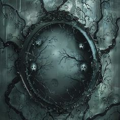 an artistic painting with skulls and branches in the center, surrounded by water droplets on a dark background