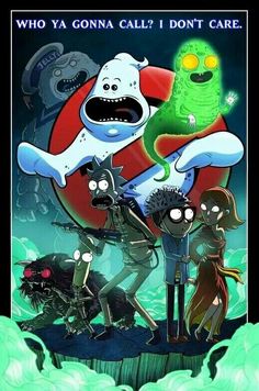 an image of some cartoon characters in front of a giant green monster with glowing eyes