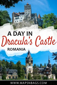 dracula's castle with text overlay reading a day in dracula's castle, romania