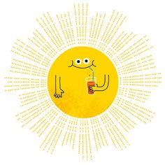 a cartoon sun holding a drink in it's hand with eyes and hands on the side