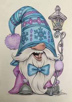 a drawing of a gnome with a blue hat and bow tie holding a lamp post