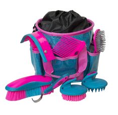 PRICES MAY VARY. 7-piece assortment of grooming essentials in a durable nylon tote bag Tote features six exterior pockets for added storage Features a convenient top Drawstring closure and plastic feet that protect bottom of bag Comfortable webbing handles, and an adjustable, padded shoulder strap Horse Grooming Kit, Horse Brushes, Vinyl Bag, Horse Grooming, Grooming Kit, Sparkle, Glitter, Vinyl, Pink