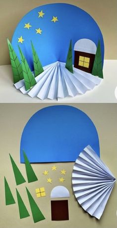 two different views of an origami house with trees and mountains in the background