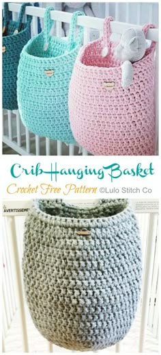 three crocheted baskets with handles in different colors