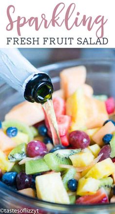 fresh fruit salad in a glass bowl with the title text overlay reads sparkling fresh fruit salad