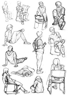 sketches of people sitting and standing in different positions, all looking at something on the ground