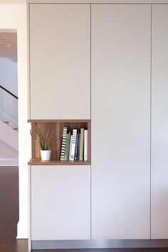 a bookshelf with some books on it and a plant in the corner next to it