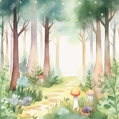 a painting of a forest with mushrooms and trees