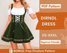 Dirndl Dress Sewing pattern, perfect for Beginners Special Offer: ♥ Free Sewing Planner with every order placed today ♥ 💥Get +310 patterns and all new releases with our Whole Shop Bundle at the best price! 👉 www.etsy.com/listing/1315834001 This pattern comes with an illustrated sewing guide with step by step instructions, making it super easy to make your own garment.  If you're looking for a beginner friendly project that will take 2 hours to make then this is perfect for you!  Pattern Includ Drindl Dress Pattern Free, Dirndl Dress Pattern Free, Dirndl Pattern Free, Drindl Dress Pattern, Diy Dirndl Dress, Dirndl Dress Pattern, Milkmaid Dress Pattern, Diy Dirndl, Free Pinafore Pattern