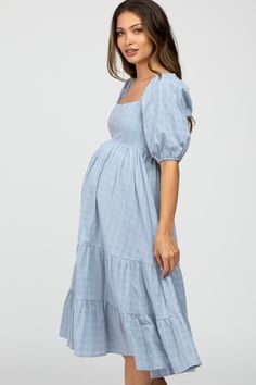 Blue Plaid Square Neck Maternity Midi Dress – PinkBlush Maternity Blue Dress, Maternity Dresses Fall, Maternity Outfits Classy, Western Maternity Dresses, Blue Family Photo Outfits, Boy Baby Shower Outfit For Mom, Maternity Wedding Guest Outfit, Pregnancy Dresses Casual, Classy Maternity Outfits