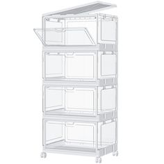 a white shelf with four bins and three shelves on each side, one is empty