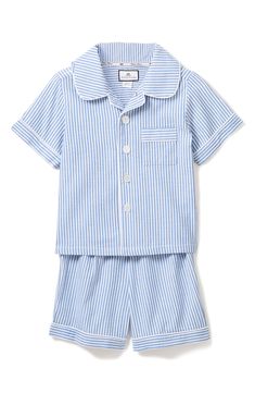 Keep your little one cool and comfy in these short pajamas cut from cotton-blend striped fabric with an airy puckered weave and a cozy brushed softness. Meets Consumer Product Safety Commission's flammability standards for children's sleepwear Top has front button closure; chest patch pocket 50% cotton, 50% modacrylic Machine wash, tumble dry Imported Kids' Wear Luxury Sleepwear, Classic Pajamas, Seersucker Shorts, French Blue, Short Pajama Set, Striped Fabrics, Short Set, Pajama Shorts, Pearl Buttons