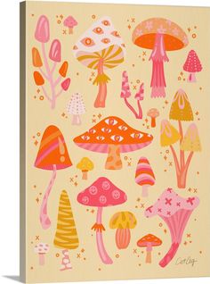 Stretched Canvas Print entitled Mystic Mushrooms.  Multiple sizes available.  Primary colors within this image include Peach, Orange, Pink.  Made in USA.  Satisfaction guaranteed.  Archival-quality UV-resistant inks.  Museum-quality, artist-grade canvas mounted on sturdy wooden stretcher bars 1.5 thick.  Comes ready to hang.  Canvas is designed to prevent fading. Mushroom Designs, Pink Mushroom Painting, 70s Mushroom Art, Groovy Mushroom Wallpaper, Groovy Mushroom Painting, Groovy Mushroom Art, Colorful Mushroom Art Trippy, Black Framed Wall Art, Mushroom Art